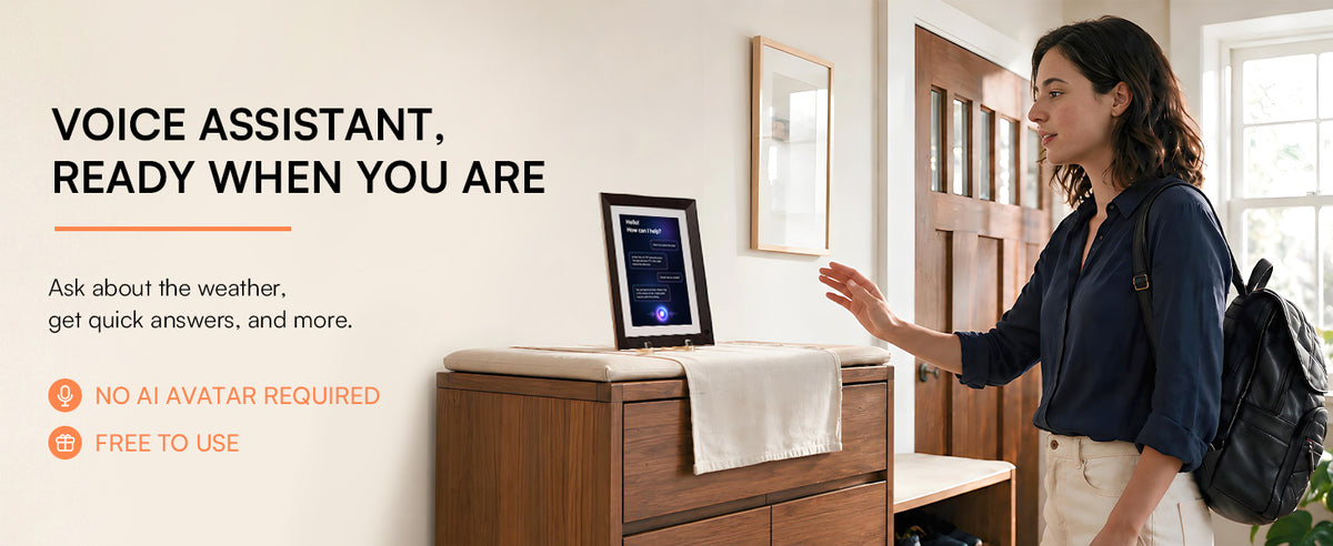 Experience the 10.1-inch VINABOT AI digital photo frame with a free AI Voice Assistant for interactive help and conversations with no subscription required.