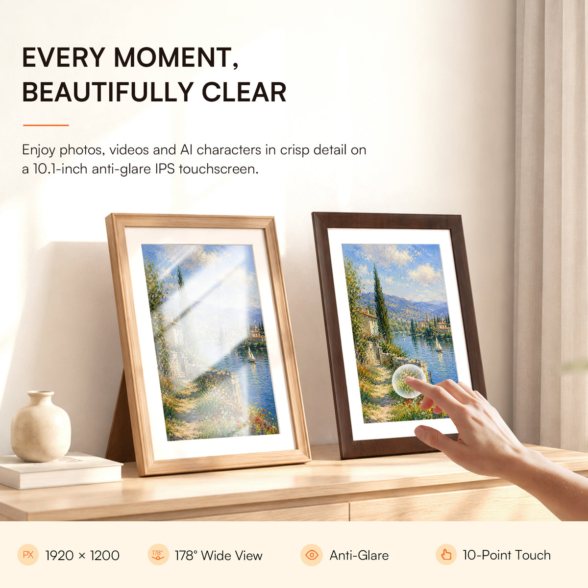 Explore the 10.1-inch VINABOT digital photo frame with a 1920 × 1200 IPS touchscreen, anti-glare display and high-resolution viewing for clear family photos.