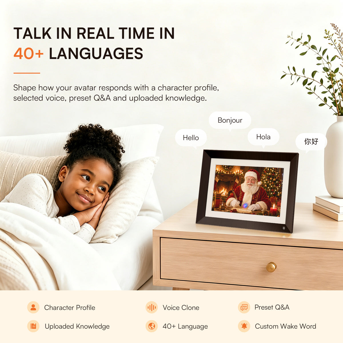 Experience the 10.1-inch VINABOT AI digital photo frame with support for 40+ languages, bringing interactive family memories to a 1920 × 1200 IPS display.