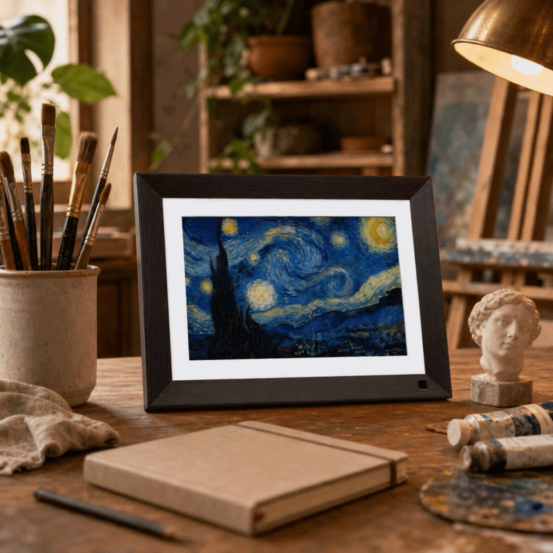 Explore the 10.1-inch VINABOT AI digital photo frame in a creative studio, using AI-powered features to inspire new ideas, visual memories and creative expression.