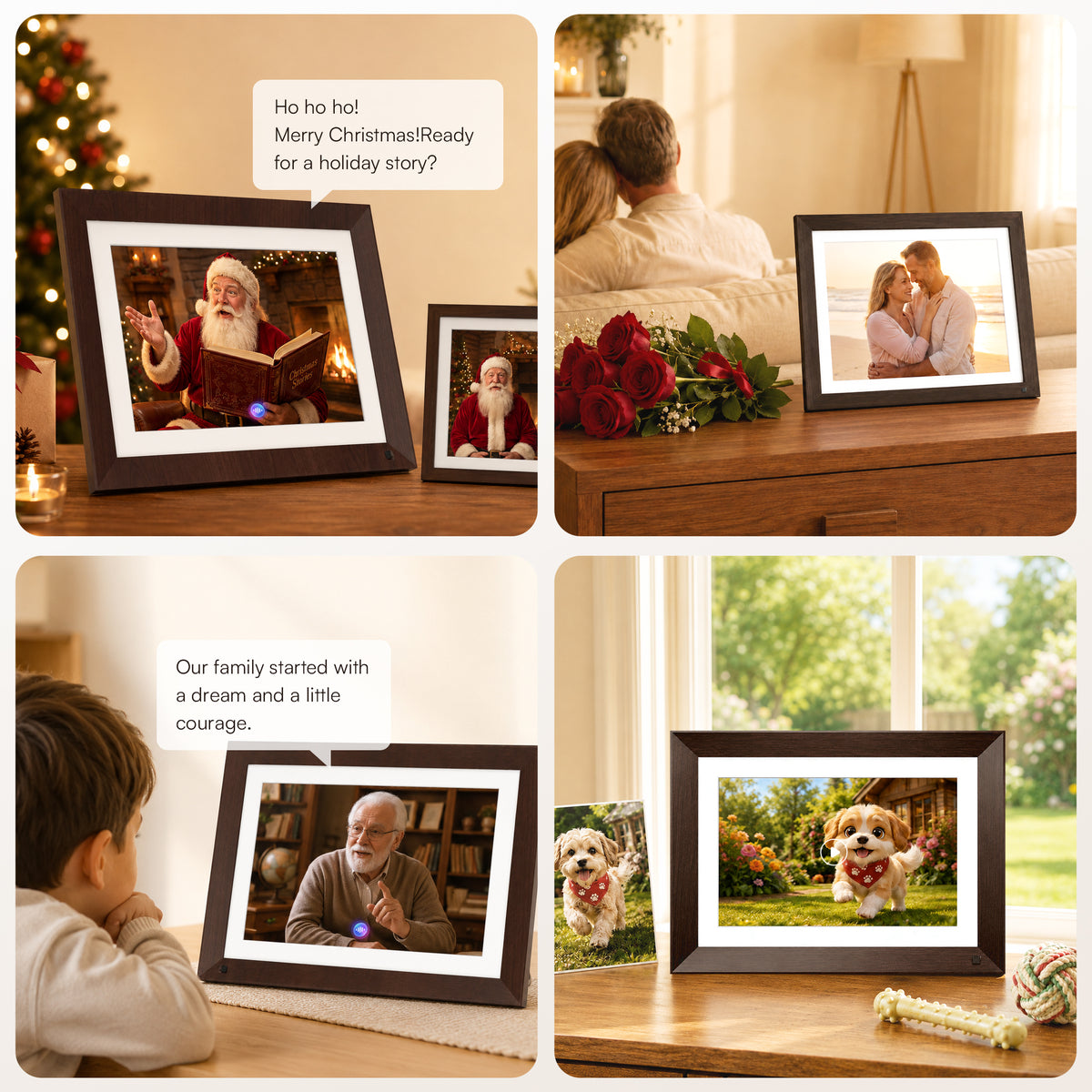 Experience the 10.1-inch VINABOT animated photo frame for family stories, couple memories, AI avatars and pet photo animation on a 1920 × 1200 IPS display.