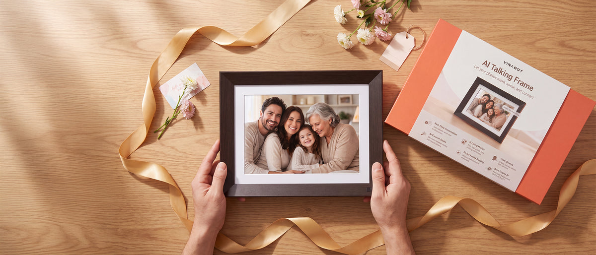 Shop the 10.1-inch VINABOT AI digital photo frame, one of the best gift ideas for grandparents and families, presented in a gift box unboxing scene with a 1920 × 1200 IPS display.