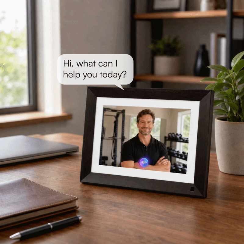 Try the 10.1-inch VINABOT interactive AI digital photo frame on your desk with AI avatar and voice interaction for companionship and assistance during busy workdays.