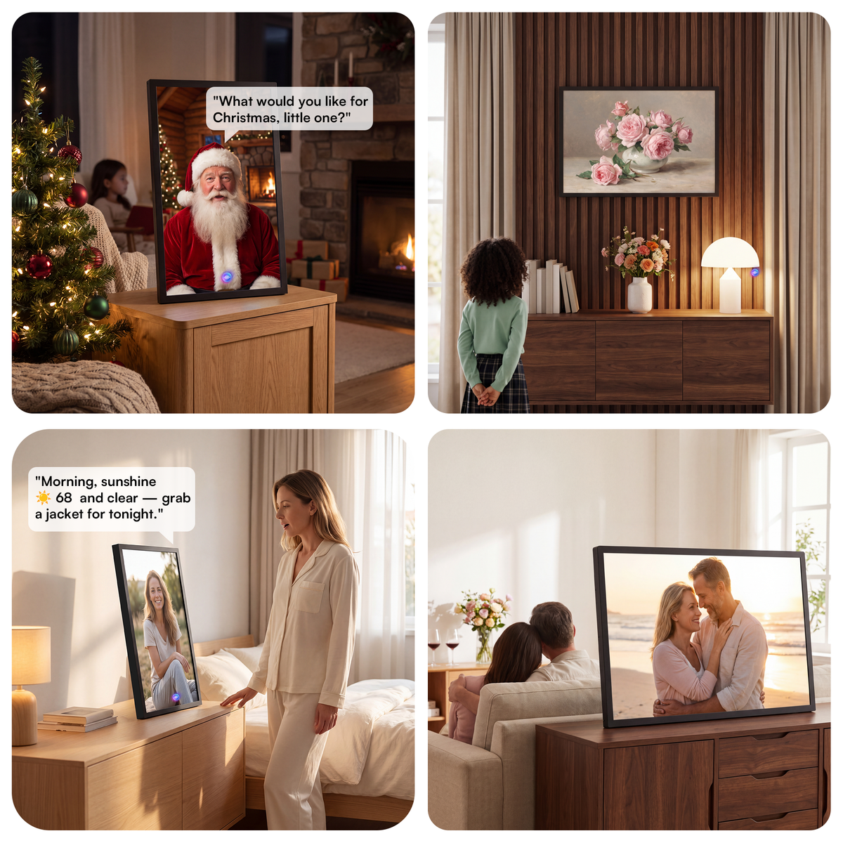 Experience the black 21.5-inch VINABOT AI digital photo frame for holiday greetings, couple photos, home decor and everyday AI avatar interaction on a 1920 × 1080 FHD IPS display.