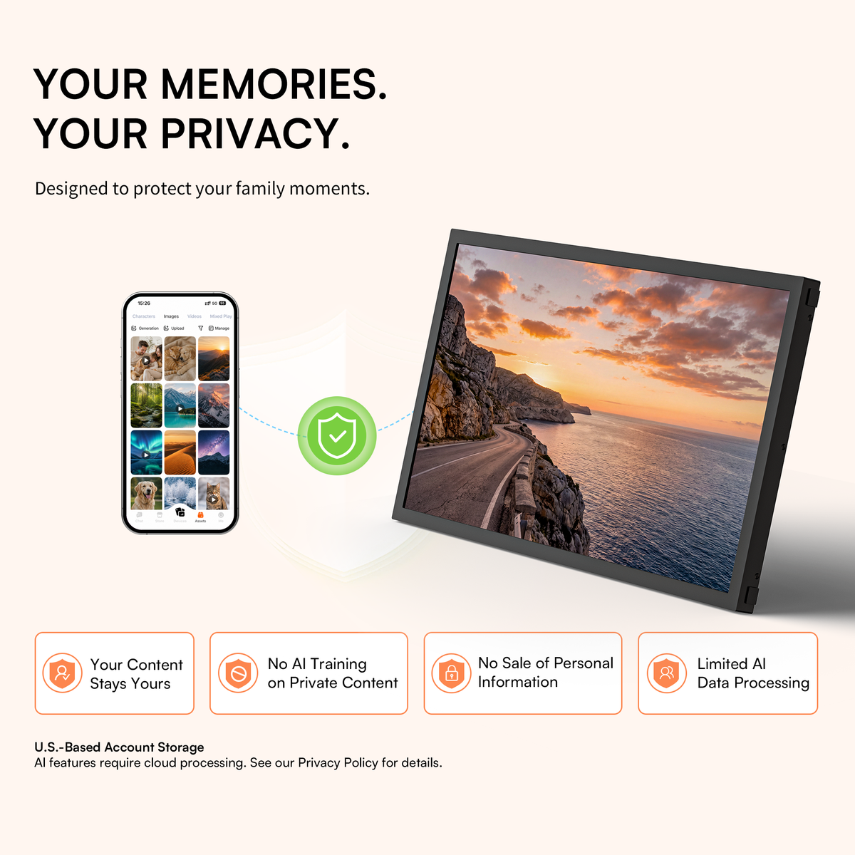 Explore privacy-first features on the black 21.5-inch VINABOT AI digital photo frame, with local data storage designed to keep uploaded family photos and personal content private and secure.
