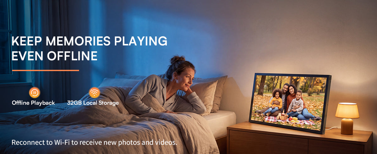 Enjoy the black 21.5-inch VINABOT digital photo frame with 32GB local storage for worry-free offline access to family photos and memories even without WiFi.