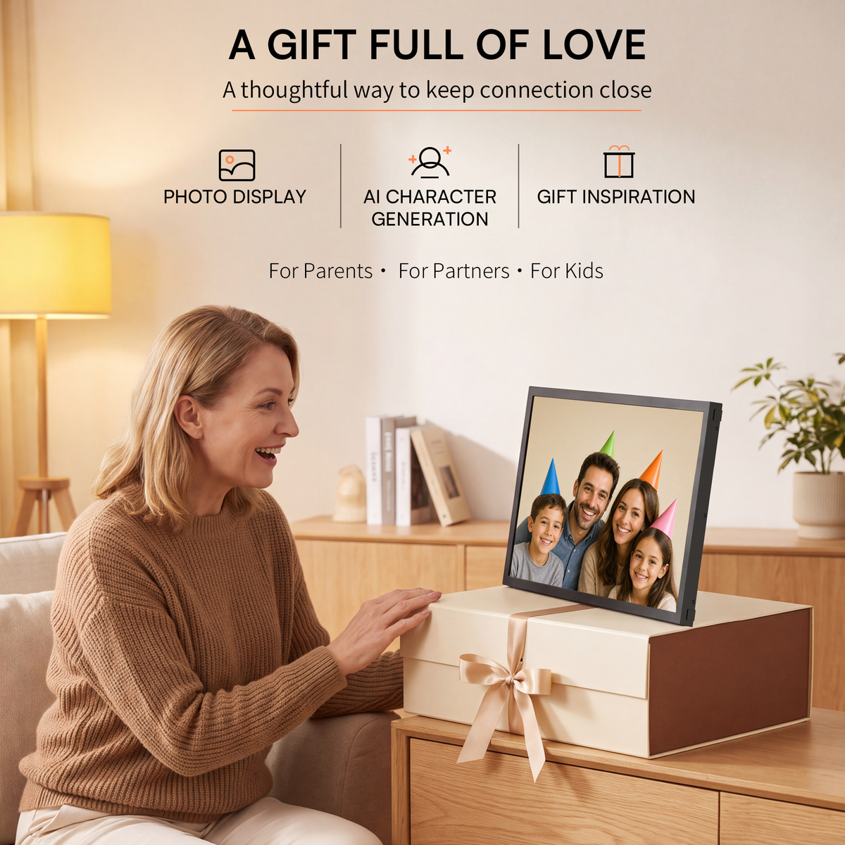 Shop the black 21.5-inch VINABOT AI digital photo frame with pre-set gift mode, a thoughtful family gift ready with meaningful photos and memories before it is opened.