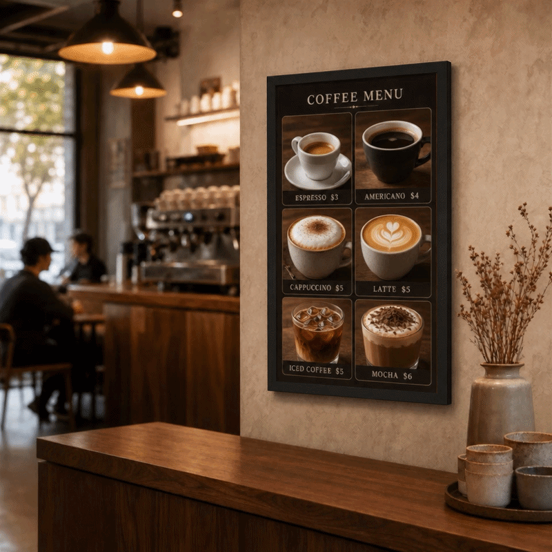 Explore the black 21.5-inch VINABOT digital photo frame in a café, using slideshow display and AI-powered content to bring your brand to life on a 1920 × 1080 FHD IPS screen.