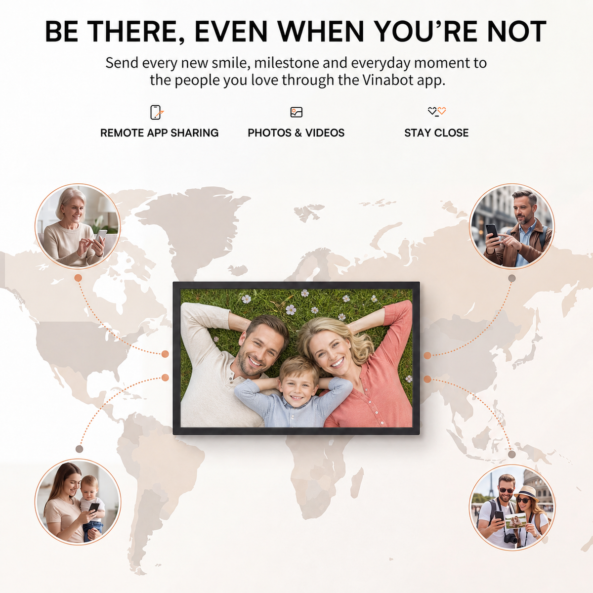 Try remote photo sharing on the black 21.5-inch VINABOT WiFi digital photo frame, using the VINABOT app to send family photos and memories from anywhere.