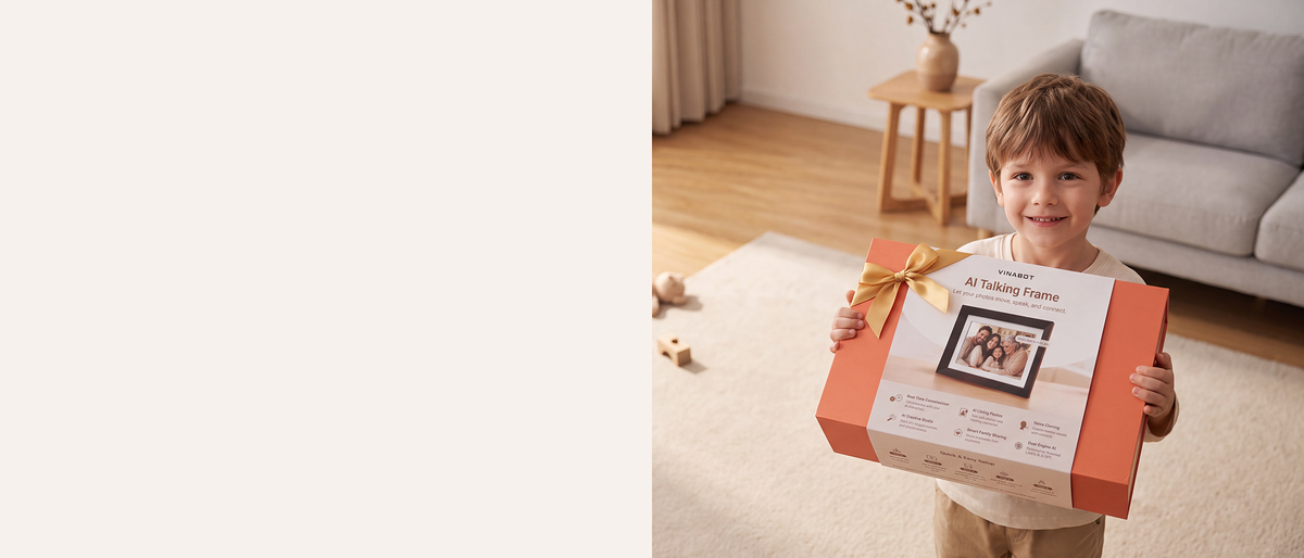 Shop VINABOT AI digital photo frame, one of the best gift ideas for grandparents and families, shown as a meaningful gift for sharing precious family memories.