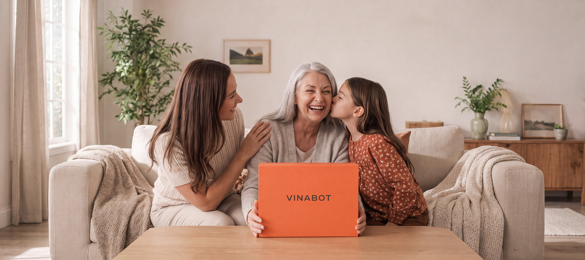 Shop VINABOT AI digital photo frame, one of the best gift ideas for grandparents, bringing three generations together through shared family memories.