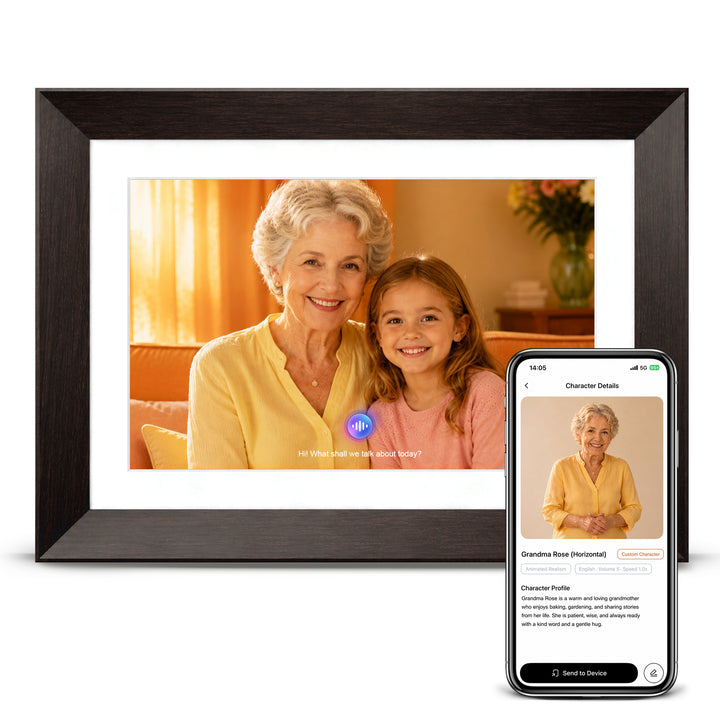 Shop the 10.1-inch VINABOT AI digital photo frame with a 1920 × 1200 IPS display, featuring an AI avatar and VINABOT app for interactive family memories.