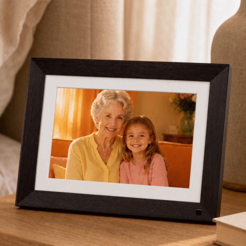 Experience the 10.1-inch VINABOT animated photo frame by your bedside, bringing meaningful family memories to life with AI photo animation and video playback.