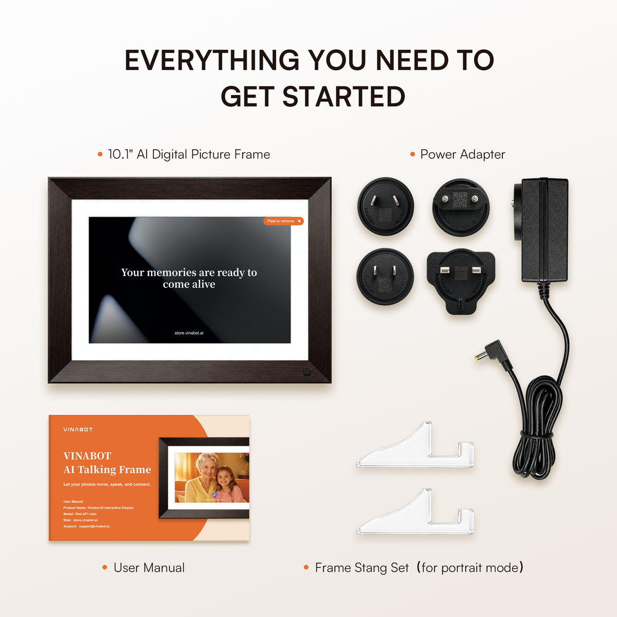 Discover what comes with the 10.1-inch VINABOT digital photo frame, including the tabletop stand, power adapter, user guide and essential accessories for easy setup.