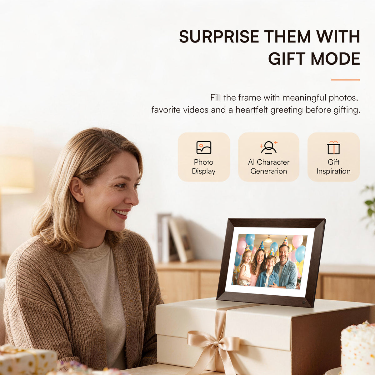 Shop the 10.1-inch VINABOT AI digital photo frame with pre-set gift mode, a thoughtful digital photo frame for grandparents and families ready to enjoy from the moment it is opened.