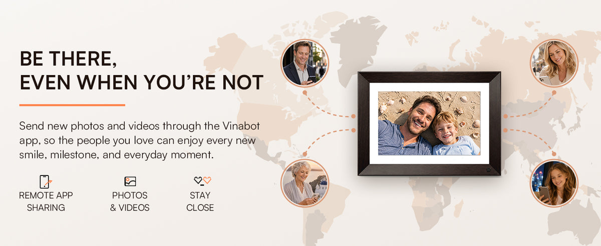 Try remote photo sharing with the 10.1-inch VINABOT WiFi digital photo frame, using the VINABOT app to share family photos and memories from anywhere.