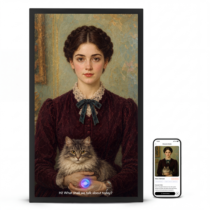 Shop the black 21.5-inch VINABOT AI digital photo frame with a 1920 × 1080 FHD IPS display, featuring an AI avatar and VINABOT app for interactive photos and digital memories.