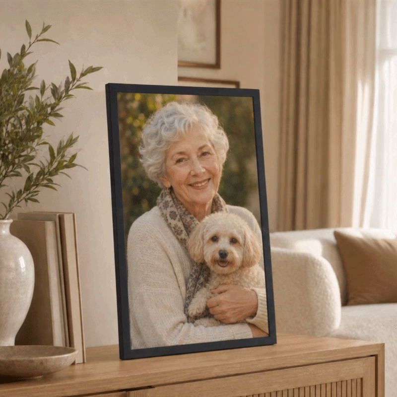 Experience the black 21.5-inch VINABOT animated photo frame in your living room, bringing family memories to life with AI photo animation and video playback on a 1920 × 1080 FHD IPS display.