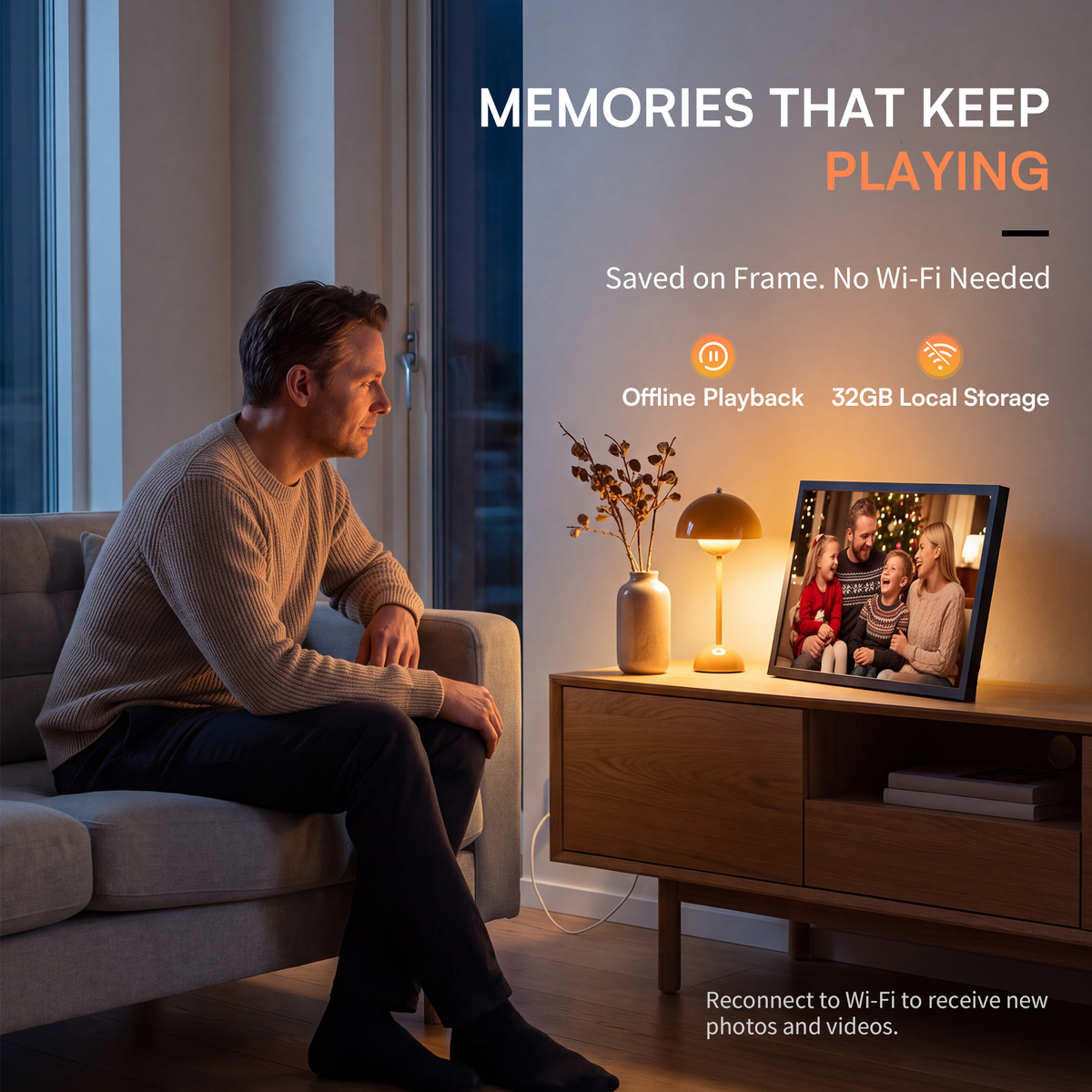 Explore the black 21.5-inch VINABOT digital photo frame with 32GB local storage for reliable offline access to photos and memories even without WiFi.
