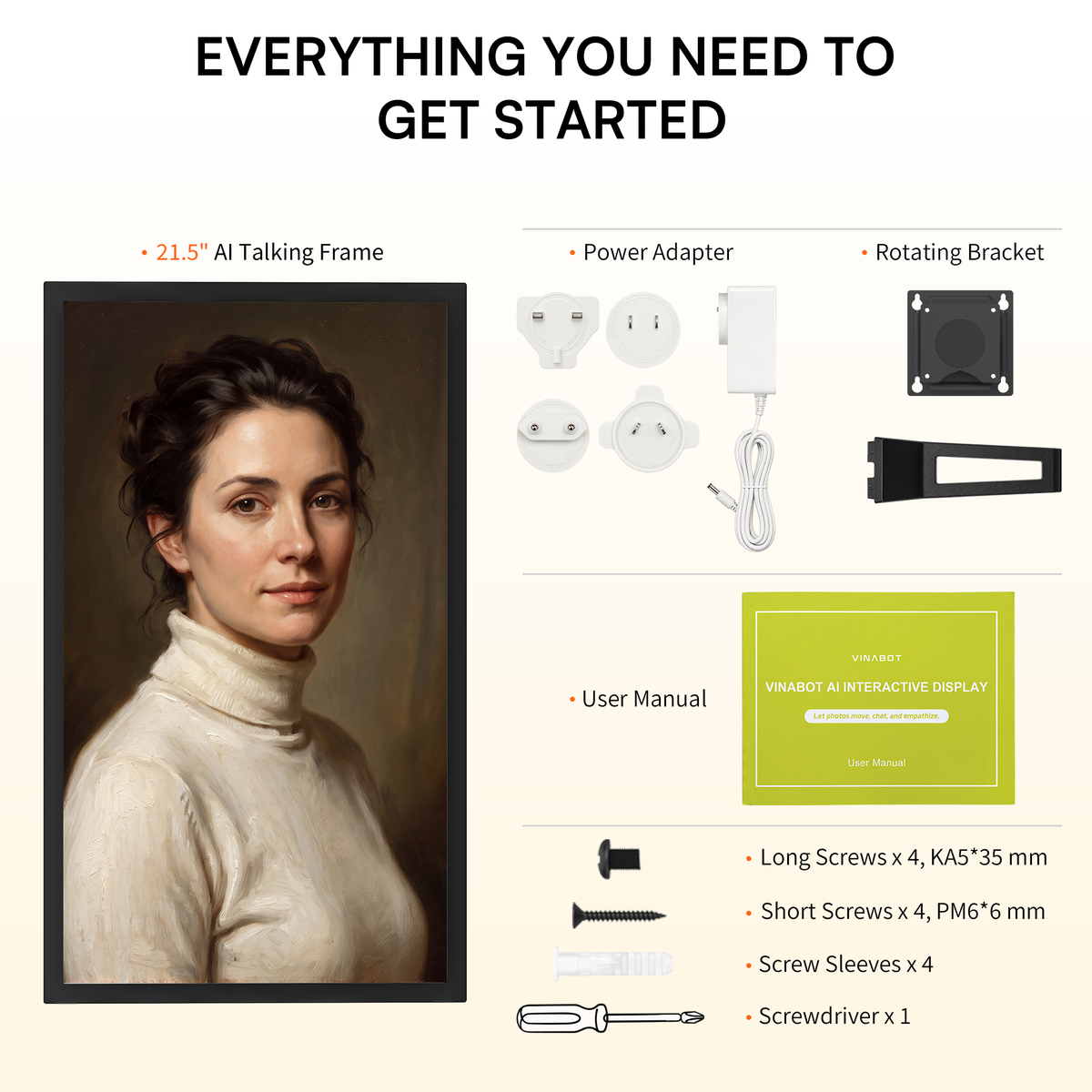 Discover what comes with the black 21.5-inch VINABOT digital photo frame, including a tabletop stand, power adapter, user guide and essential setup accessories.