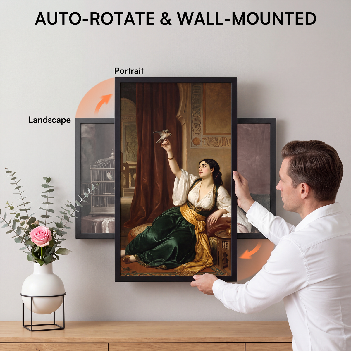 Discover the black 21.5-inch VINABOT digital photo frame in landscape and portrait orientations, with a 1920 × 1080 FHD IPS display for flexible home and wall display.