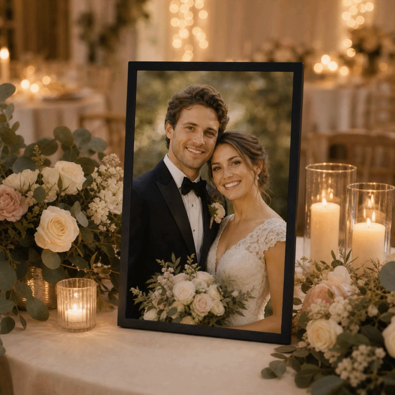 Celebrate every love story with the black 21.5-inch VINABOT digital photo frame, featuring slideshow playback and a 1920 × 1080 FHD IPS display for elegant wedding table decor.