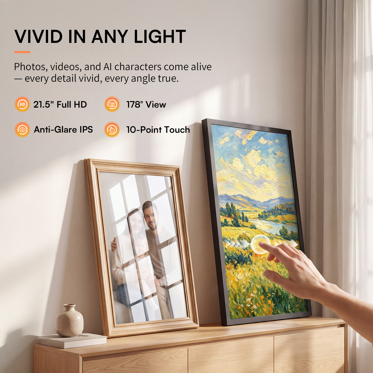 Explore the black 21.5-inch VINABOT digital photo frame with a 1920 × 1080 FHD IPS touchscreen and anti-glare display for clear, immersive photo viewing.
