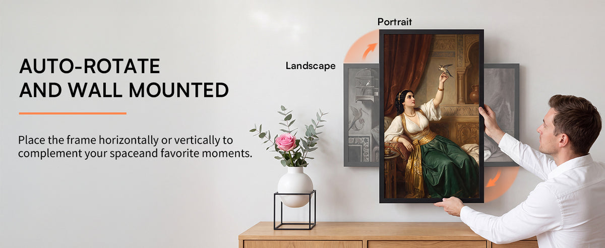 Discover the black 21.5-inch VINABOT wall-mounted digital photo frame with auto-rotate and a 1920 × 1080 FHD IPS display for flexible landscape and portrait viewing.