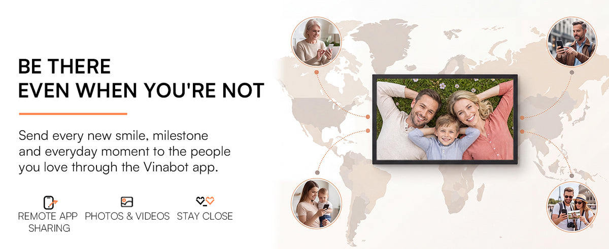 Try remote photo sharing on the black 21.5-inch VINABOT WiFi digital photo frame, using the VINABOT app to send family photos and memories from anywhere.