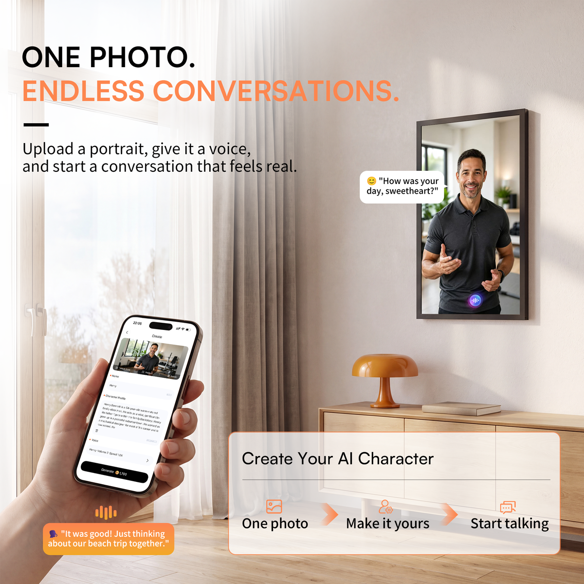 Try AI avatar creation on the black 21.5-inch VINABOT interactive digital photo frame by uploading a photo, customizing Voice Clone, knowledge and personality, then generating your avatar.