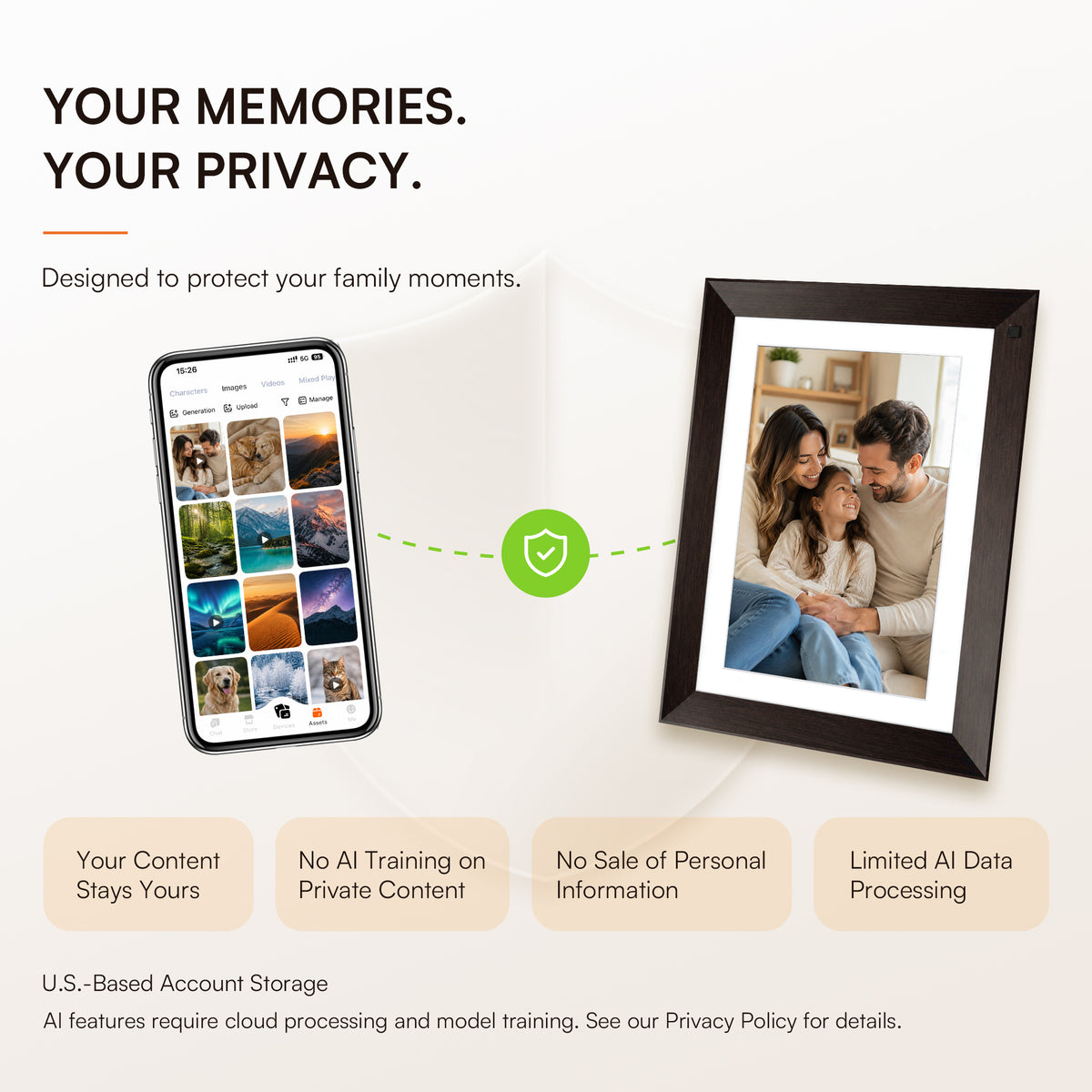 Explore VINABOT privacy-first AI digital photo frame features with local data storage designed to keep uploaded family photos and personal content private and secure.